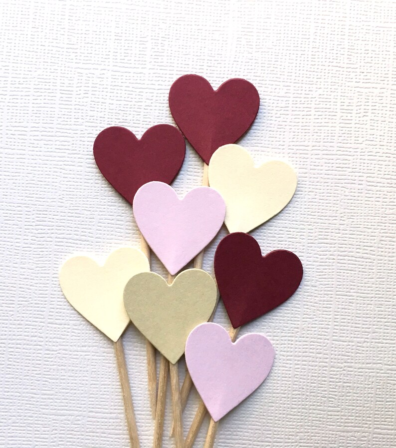 Burgundy Blush Wedding Decoration 24 Heart Cupcake Toppers Etsy