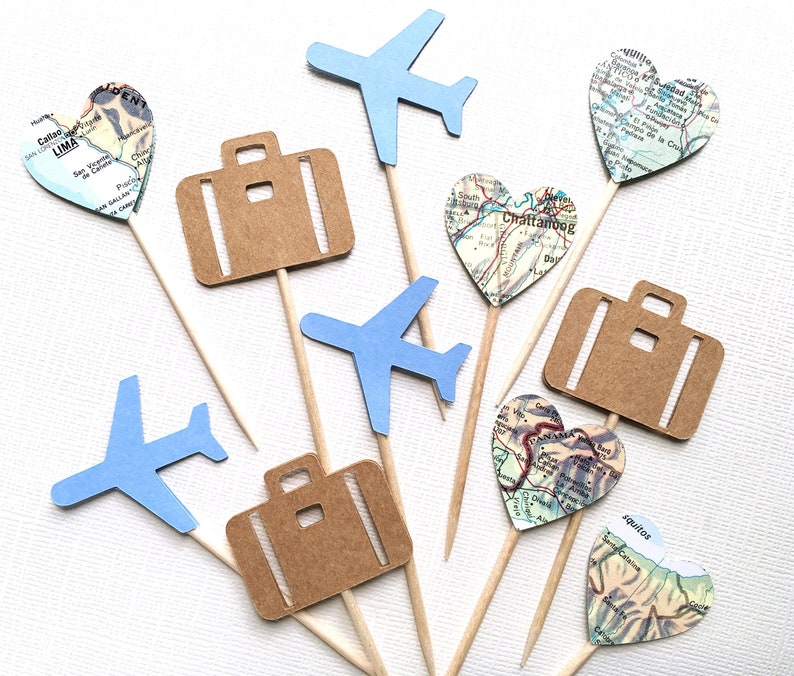 Travel Cupcake Toppers, Airplane, Map, Luggage, Adventure Party Decor, Wedding, Baby Shower, Birthday, Transportation, Double-Sided Blue