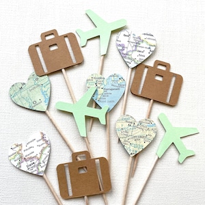 Travel Cupcake Toppers, Airplane, Map, Luggage, Adventure Party Decor, Wedding, Baby Shower, Birthday, Transportation, Double-Sided Mint