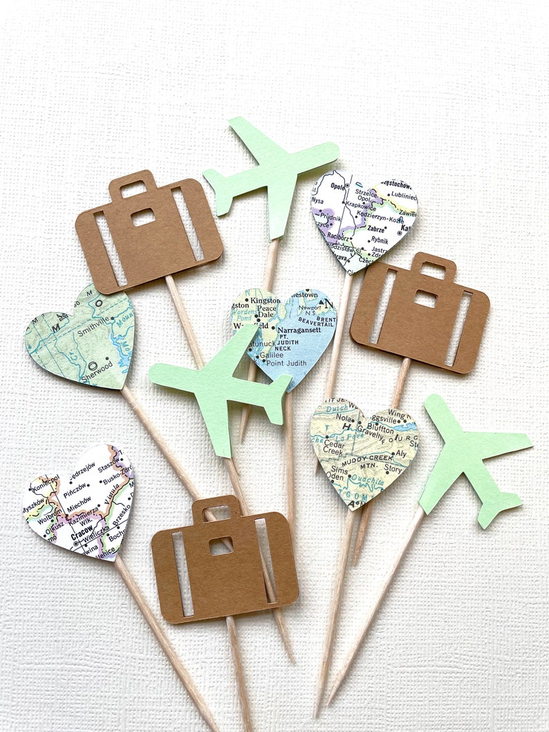 Travel Cupcake Toppers, Airplane, Map, Luggage, Adventure Party Decor, Wedding, Baby Shower, Birthday, Transportation, Double-Sided Mint