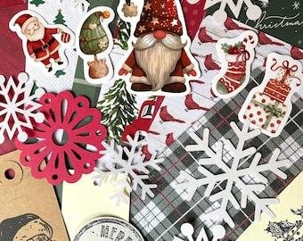 Christmas Scrapbooking Kit, Holiday Junk Journal Supplies, Scrapbook Ephemera, Paper, Book Pages, Stickers, Tags and More, Over 50 Pieces
