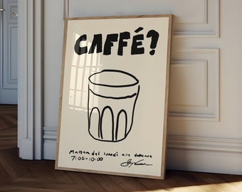 May include: A framed poster with a black and white illustration of a glass of coffee. The poster has the text "CAFFÈ?" in black lettering and the text "Martedì del Lunedì, ore dodici 7:00-10:00" in smaller black lettering.