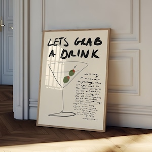 FRAMED Let's Grab A Drink Poster, Hand Drawn Martini, Retro Drink Art, Mid Century Print, Modern Kitchen Art, Bar Cart Art, Restaurant Art