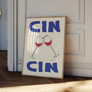 FRAMED Cin Cin Print, Wood Frame Wine Print, Bar Cart Art, Retro Cocktail Art, Retro drink Print, Vintage Wine Print, Cheers Print, Sketch