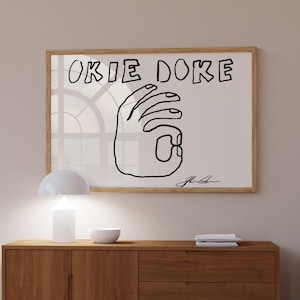 Okie Doke 水平プリント、ミッドセンチュリーの美的ウォールアート、トレンディな細幅プリント、タイポグラフィプリント、手描きスケッチ、狭い玄関、白黒