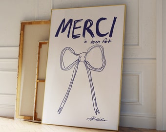 Merci Poster - Typography Poster - Bow Print - Hand Sketch Art - Mid Century Modern Print - Paris Poster - French Print - Bow Poster