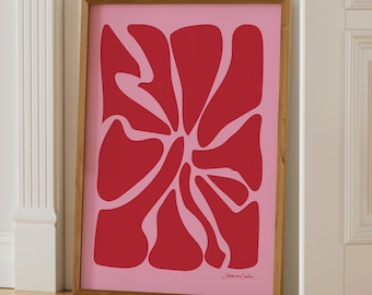 Modern Abstract Floral Wall Art Poster, Organic Geometric Shape Print in pink and red