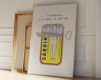 Sardines Print - Vintage Food Print - French Food Print - Retro Food Art - Mid Century Print - Modern Kitchen Wall Art - French Sketch Print