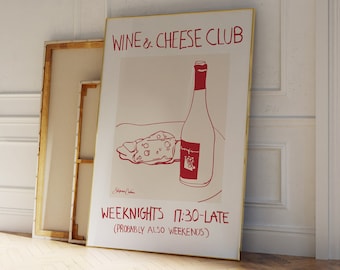 Wine and Cheese Club Poster - Vintage Food Poster - Wine Print - Retro Food Art - Mid Century Modern Print - Modern Kitchen Wall Art