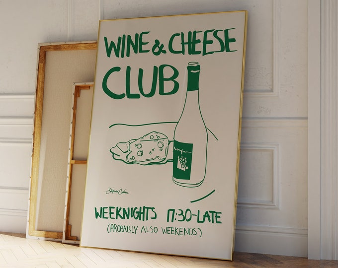 Wine and Cheese Club Poster - Vintage Food Poster - Wine Print - Retro Food Art - Mid Century Modern Print - Modern Kitchen Wall Art