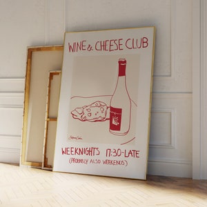 Cartel del club de vino y queso - Cartel de comida vintage - Impresión de vino - Arte de comida retro - Impresión moderna de mediados de siglo - Arte moderno de la pared de la cocina