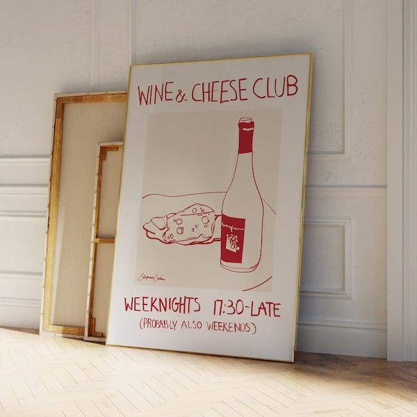 Affiche club vins et fromages - affiche de cuisine vintage - impression de vin - art culinaire rétro - impression moderne Mid-Century - art mural cuisine moderne