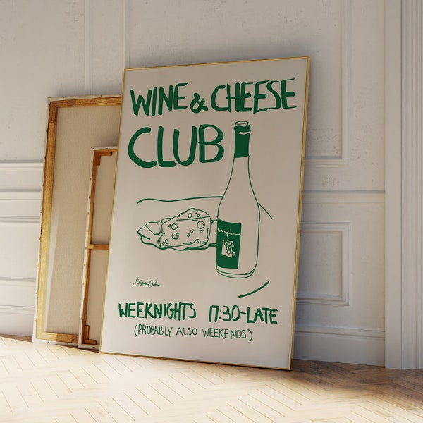 Wine and Cheese Club Poster - Vintage Food Poster - Wein Druck - Retro Food Art - Mid Century Modern Print - Moderne Küchen Wandkunst