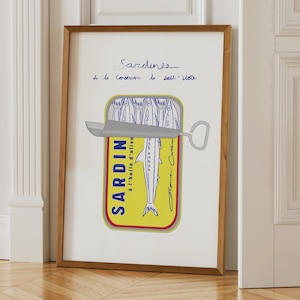 Sardines Art Print: Retro Food Illustration, Mid-Century Modern Kitchen Wall Art, Vintage Stye French Tinned Fish Sketch