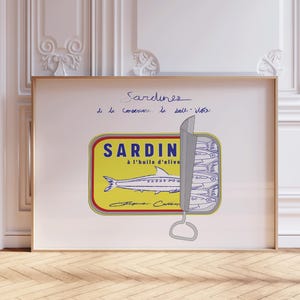 Horizontal Sardines Print, Vintage Food Print, French Food Art, Retro Tinned Fish Art, Mid Century Modern, Kitchen Wall Art, Narrow Wall Art