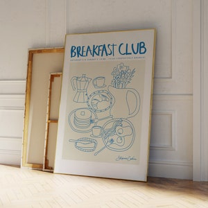 Plakat Breakfast Club - Plakat Coffee - Plakat Moka Pot - Plakat Food - Niebieski szkic - Plakat Kitchen - Wydruk Mid Century Modern