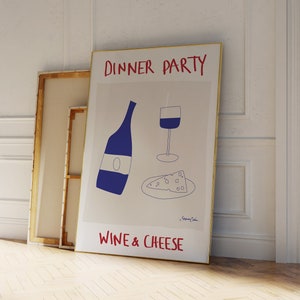 Dinner Party Poster - Vintage Food Poster - Wine and Cheese Print - Retro Food Art - Mid Century Modern Print - Modern Kitchen Wall Art