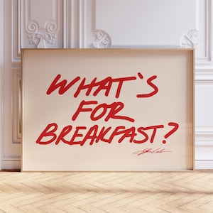 What's For Breakfast Horizontal Poster, Red Typography Print, Trendy Kitchen and Dining Room Wall Art