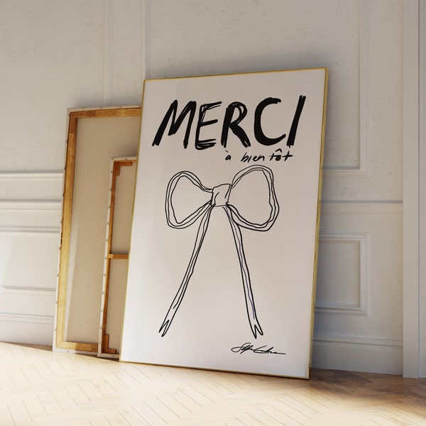 Merci Poster - Typography Poster - Bow Print - Hand Sketch Art - Mid Century Modern Print - Paris Poster - French Print - Bow Poster