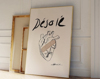 Desole Print, French Quote Print, French Print, Trendy Hand Drawn Sketch Print, Heart Poster, Aesthetic B&W Print, Doodle, Mid Century