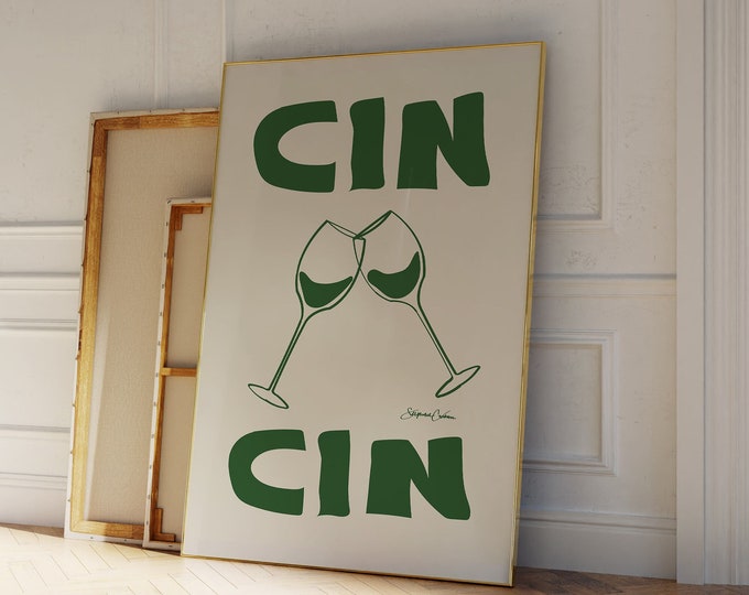 Cin Cin Print - Retro Wine Print, Bar Cart Art - Retro Cocktail Poster - Retro drink Print - Vintage Wine Print - Cheers Print, Green Print