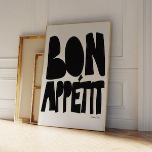 Bon Appetit ポスター、ミッドセンチュリー プリント、キッチン ウォール アート、Bon Appetit フランス語の引用ポスター、ミニマル スケッチ、太字フォントのタイポグラフィ プリント