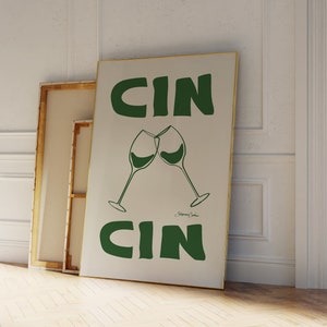 Impresión Cin Cin - Impresión de vino retro, Arte del carrito de bar - Cartel de cóctel retro - Impresión de bebida retro - Impresión de vino vintage - Impresión de salud, impresión verde
