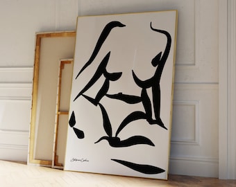 Matisse Style Female Figure Print: Black and Beige Abstract Art