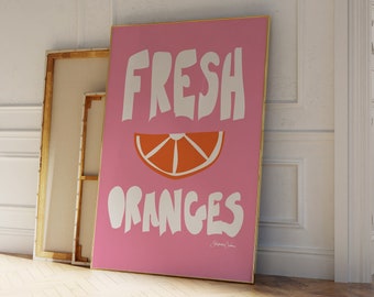 Fresh Oranges Poster - Trendy Fruit Poster - Pop Art Print - Fruit Market Print - Citrus Poster Print - Orange and Pink Print