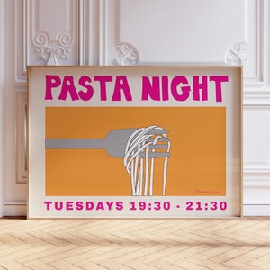 Pasta Night Horizontal Poster, Spaghetti Poster, Food Print, Modern Kitchen Decor, Retro Dining Room Wall Art, Colorful Pop Art Food Print
