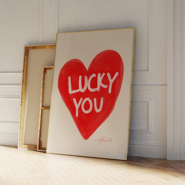 Lucky You Print, Red Heart Print, Cute Valentine's Decor, Aesthetic wall art, Trendy Red  Print, Hand Drawn Sketch, Playing Card, Retro Art