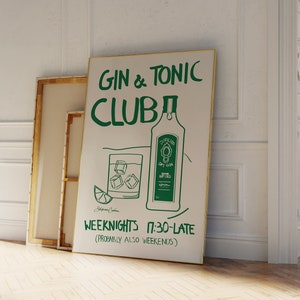 Plakat Gin and Tonic Club, plakat z jedzeniem w stylu vintage, wydruk wina, sztuka retro drinków, Mid Century Modern, G&T, sztuka ścienna do kuchni, sztuka na wózku barowym, Londyn