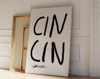 Affiche Cin Cin, impression Mid-Century, art mural cuisine, Bon appétit, citation française, impression cuisine minimaliste, impression typographie, déco de chariot de bar