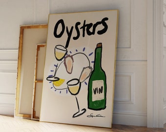 Oysters and Wine Poster - Retro Drink Poster - Seafood Poster -  Bar Cart Decor Print  - Kitchen Art - Wine Print - Wine Lovers Gift