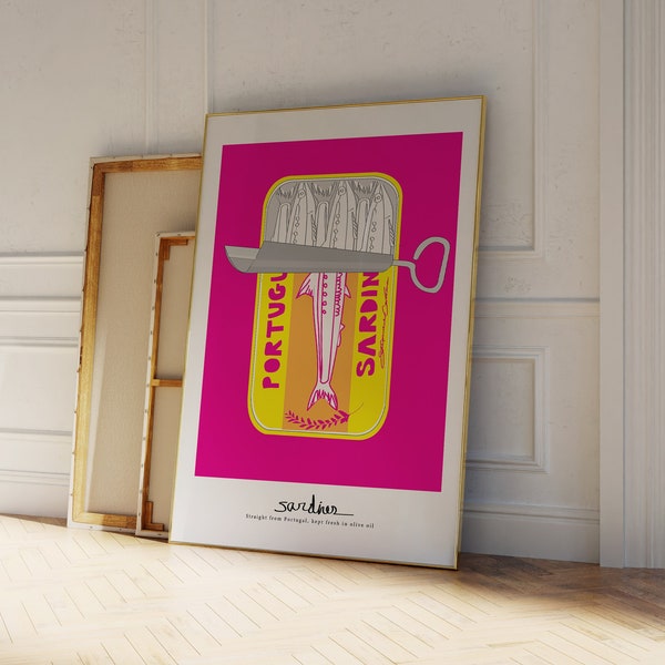 Sardines Print - Vintage Food Print - Seafood Print - Retro Food Art - Mid Century Print - Modern Kitchen Art - Trendy Orange and Pink Print