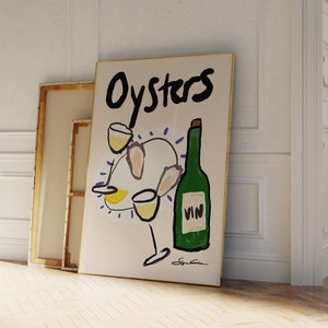 Oysters and Wine Poster - Retro Drink Poster - Seafood Poster -  Bar Cart Decor Print  - Kitchen Art - Wine Print - Wine Lovers Gift