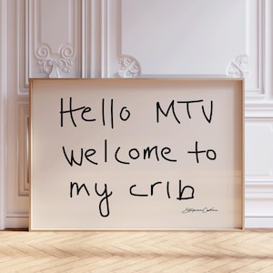 Hi MTV、Welcome to My Crib 横長ウォールアート、バウハウスプリント、タイポグラフィプリント、子供部屋の装飾、ウェルカムサイン、ミッドセンチュリー寮の部屋の装飾
