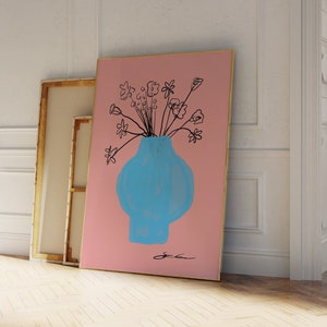 Trendy Vasendruck, Retro Blumendruck, Botanische Blumen Druck, Boho Blumen Poster, Abstrakter Druck Floral, Handgezeichneter Druck, Blaue Vase