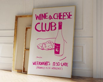 Wine and Cheese Club Poster, Vintage Food Poster, Wine Print, Retro Food Art, Mid Century Modern Print, Modern Kitchen Wall Art, Hot Pink