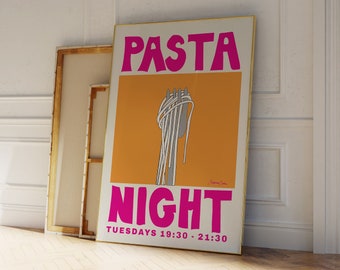 Pasta Night Poster - Spaghetti Poster - Food Print - Modern Kitchen Decor -  Pasta Print - Retro Wall Art - Pop Art Food Print