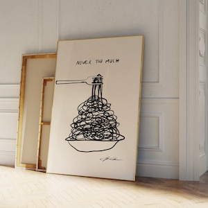 Nie zu viel - Spaghetti Poster - Retro Essen Druck - Moderne Küchen Deko - Pasta Druck - Retro Art - Pop Art Food Druck - Essen Skizze