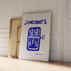 Stampa sardine - Stampa di cibo vintage - Stampa di cibo francese - Arte alimentare retrò - Stampa di metà secolo - Arte della parete della cucina moderna - Stampa blu alla moda