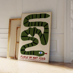 Don't Feed the Snake Print, Mid Century Print, Esthetische Muurkunst, Trendy Rode Print, Typografie Print, Handgetekende Schetsprint, Snake Print