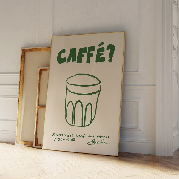 Caffe Poster, Coffee Poster, Retro Coffee Poster, Espresso Poster Print, Coffee Bar Decor, Modern Kitchen Art,  Kitchen Print, Green/Beige
