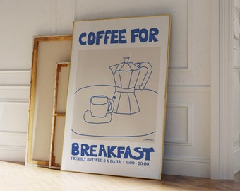 Coffee Breakfast Poster - Coffee Sketch - Moka Pot Poster -  Food Illustration - Blue Poster Print - Kitchen Art - Mid Century Modern Print