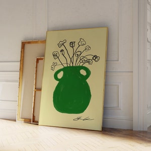 Estampado de jarrón de moda, estampado floral retro, estampado de flores botánicas, póster de flores boho, estampado floral abstracto, estampado dibujado a mano, jarrón verde