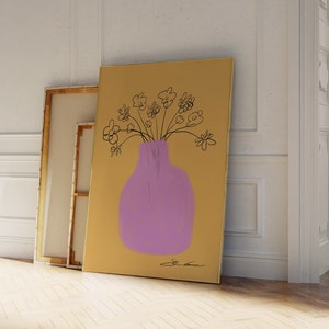 Modny nadruk wazonu, nadruk retro kwiatowy, nadruk botaniczny, plakat z kwiatami boho, abstrakcyjny nadruk kwiatowy, nadruk rysowany ręcznie, fioletowy wazon