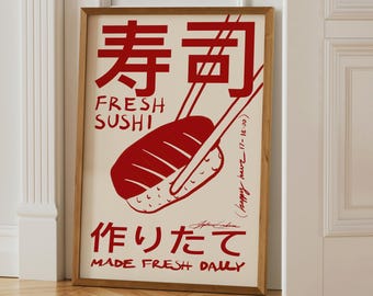 Fresh Sushi Poster Print: Japanese Food Illustration, Retro Japandi Kitchen Wall Art, Minimal Asian Food Art for Dining Room and Restaurants