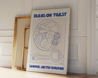 Bohnen auf Toast Poster - Frühstück Poster - Englisches Frühstück Skizze - Food Illustration - Blauer Poster Druck - Mid Century Modern Print