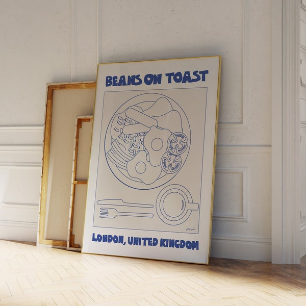 Bohnen auf Toast Poster - Frühstück Poster - Englisches Frühstück Skizze - Food Illustration - Blauer Poster Druck - Mid Century Modern Print
